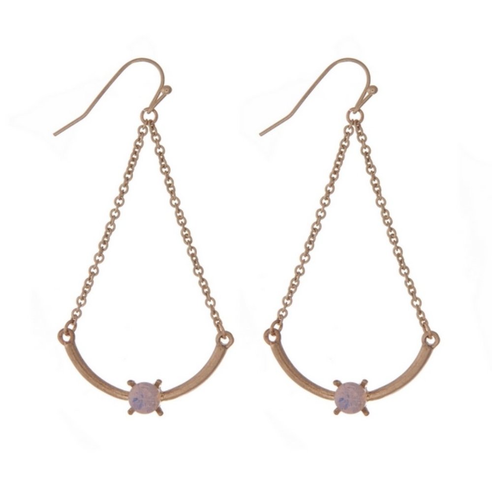 Gold tone fishhook earrings with a scoop bar and an opal bead. Approximately 2"